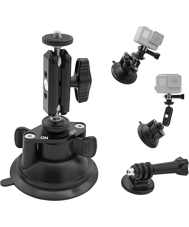 Double Layer Suction Cup Mount with Double Ball Head Magic Arm, 1/4" Screw 360° Rotating Camera Mount Compatible with GoPro Hero, Insta360 X3, DJI Osmo, Action Camera, Phones for Car Windshield