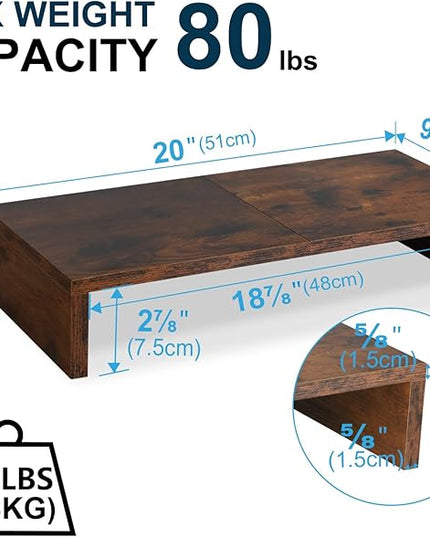 TEAMIX 20 Inch Monitor Stand Riser, Wooden Desktop Riser for TV/PC/Laptop/Printer, Rustic Brown Monitor Riser with Storage, Computer Stand Keyboard Organizer