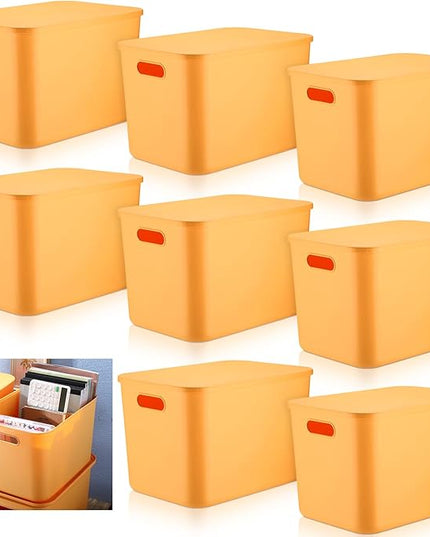Hoolerry 8 Pieces Colorful Storage Bins with Lid, Plastic Storage Basket Organizing Container Stackable Box with Handle for Shelves Desktop Playroom Office(14.2 x 10.2 x 9.5 Inch,Yellow)
