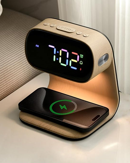 Digital Alarm Clock with Wireless Fast Charging Station 15W Touch Smart Lamp for Bedside,3 Colors Nightlight Adjustment Night Lamp for Living Room,Bedside,Heavy Sleepers (Woodgrain+Cable&Adapter)