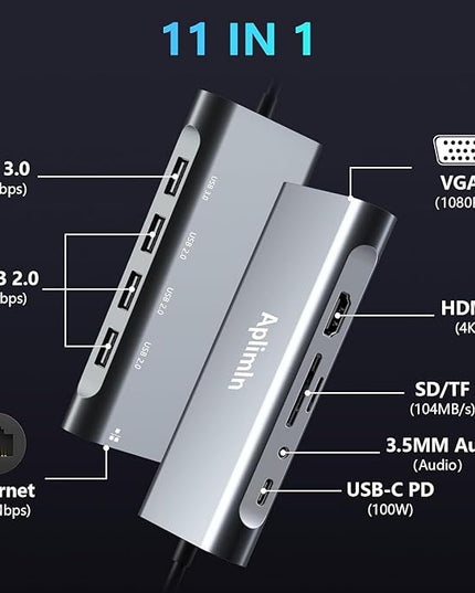 USB C HUB, USB C Adapter 11 in 1 Dongle with 4K HDMI, VGA, PD 100W, 1 X USB 3.0, 3 X USB 2.0 Ethernet, SD/TF Card Reader, 3.5mm Headphone Jack for iPhone 16/15 MacBook Pro/Air, Other Type C Laptops