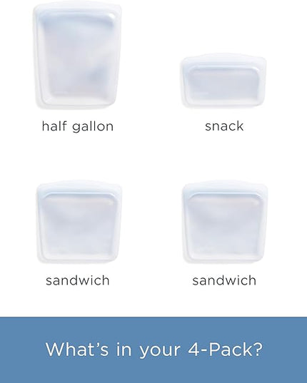 Stasher Premium Silicone Reusable Food Storage Bags, 4-Pack, Clear, Multi-Use Food Storage Bags, Lunch Bag, Travel Containers, BPA Free, Leak-free, Dishwasher-Safe, Eco-friendly