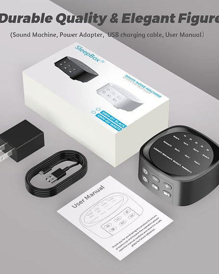 Sleepbox Sleep White Noise Sound Machines with 25 Soothing Sounds 36 Volume Levels 5 Timers Visible Sound Catalog Portable Size Memory Function for Home Office and Travel
