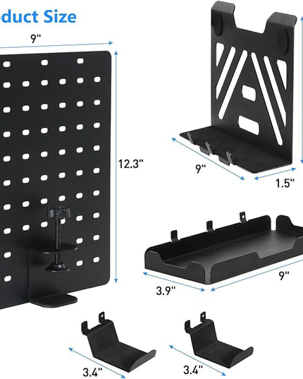 MAXECHO Desk Side Storage Holder, Metal Pegboard, Above or Under Desk Laptop Mount, Table Side Hanging File Organizer, Clamp On Cable Management Tray, Peg Board for Gaming, Office