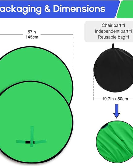 Portable Green Screen Chair, 57 in Greenscreen Backdrop with Stand Double Sided Foldable Green Background, Chroma Key, for Photography Streaming Gaming Photo Zoom Video Chats and Meeting