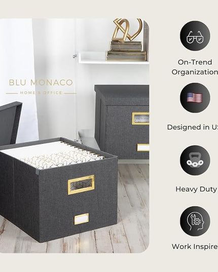 BLU MONACO Grey Linen Hanging File Box with Lid | Portable Paper Organizer Storage for Letter & Legal Folders | Collapsible MDF File Storage with Gold Handles and Label Holder