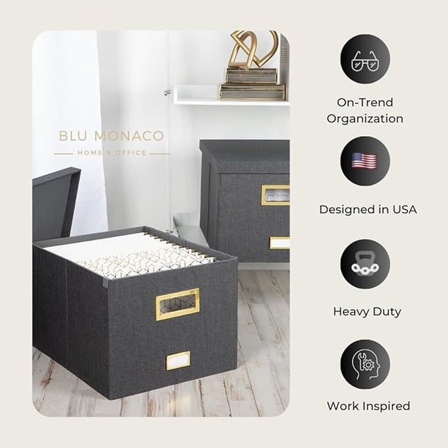 BLU MONACO Grey Linen Hanging File Box with Lid | Portable Paper Organizer Storage for Letter & Legal Folders | Collapsible MDF File Storage with Gold Handles and Label Holder
