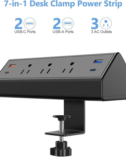 Desk Clamp Power Strip with USB C,65W Fast Charging Station for iPhone 14 Pro Max iPad MacBook Air,Power Supply for Desk Edge Mount,3 Widely Spaced Outlets Surge Protector,6ft Cord (Black)