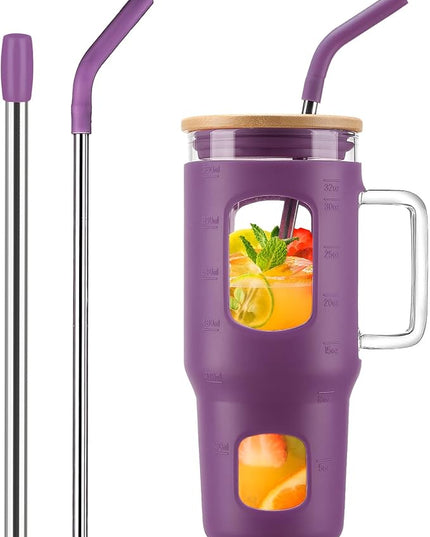 Glass Tumbler with Straw & Lid, 32 oz Glass Cup with Handle, Water Bottles with Time Marker - 2 Straws & Silicone Protective Sleeve Dark Purple