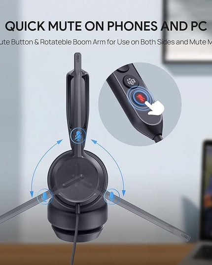 Yealink UH42 USB-A Mono Headset with Mic for PC Computer, Wired Headphones Teams Certified, Noise Cancelling Microphone, in-Line Controls, All Day Comfort