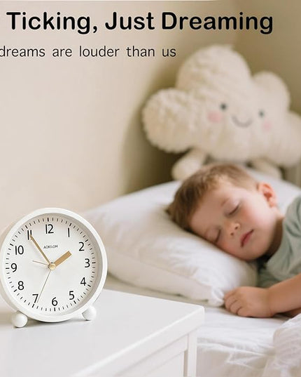 AOKILOM Analog Alarm Clock, Non-Ticking Silent Travel Small Clock, Battery Operated with On-Demand Light, Easy Set Gentle Wake, Ideal Decor for Bedroom, Bedside, Desk,Office(White)