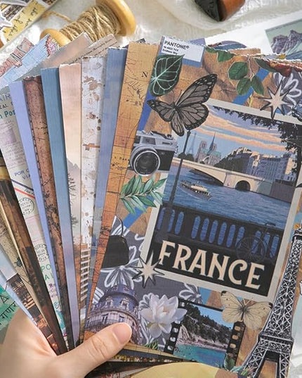 Prstincol Vintage Aesthetic Washi Stickers and Papers for Scrapbooking, 50 Sheets Ephemera Book for Art Journaling with Retro Global Travel Theme Stickers and Decoupage Papers for Junk Journal