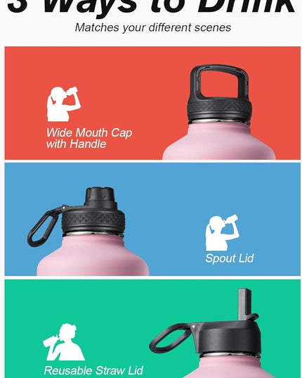 Water Bottle Insulated 64 oz with Straw & 3 Lids, Coolflask Half Gallon Water Jug Large Metal Stainless Steel Wide Mouth, Non-BPA Keep Cold 48H Hot 24H, Bubblegum Princess