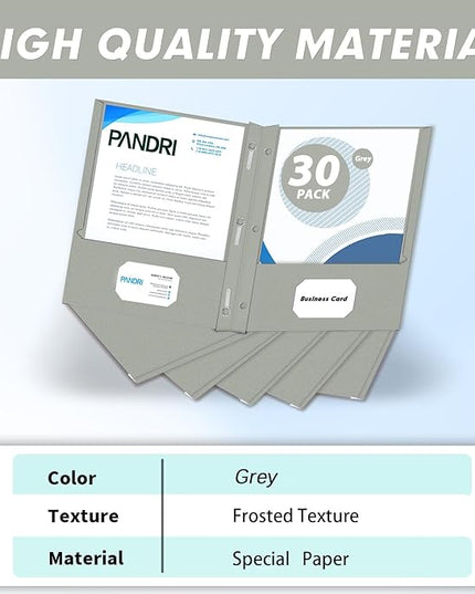 Two Pocket Folders, PANDRI 30 Pack Two Pocket Folders with Prongs, 3 Prong Folders Designed for Office and Classroom, Letter Size Grey