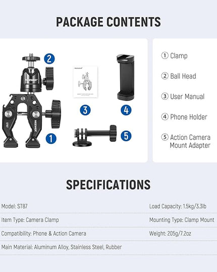 Neewer Super Clamp with Ballhead, Cold Shoe, Phone Holder and Action Camera Mount Adapter for Flat/Round Surface Compatible with GoPro DJI iPhone 15 Pro Max, ST87