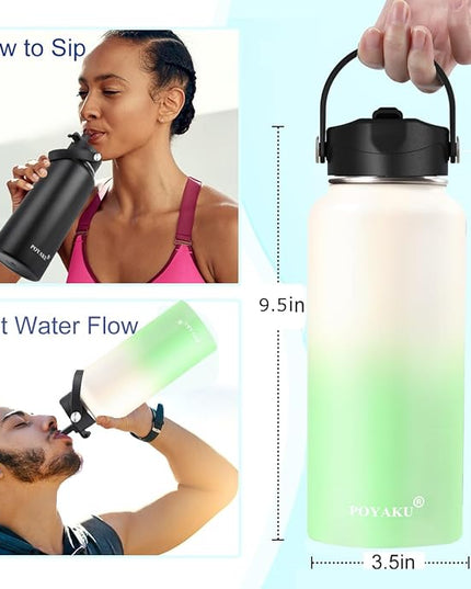 Water Bottle Insulated 32oz 40oz 64oz 128oz Straw Lid Spout Lid & 3 Lids, Leak Proof, Vacuum Insulated,Stainless Steel Water Bottle Wide Mouth for Sports, Gym or Office