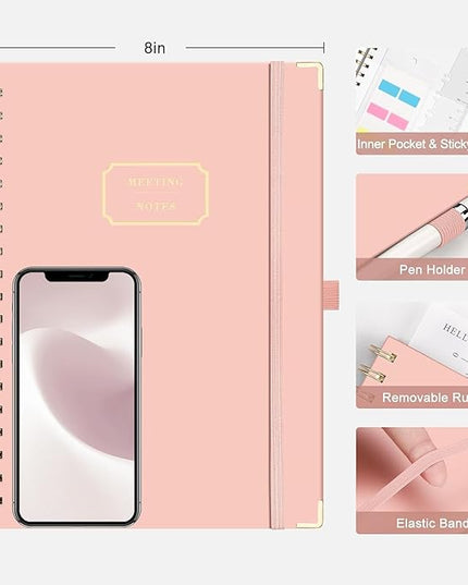 EMSHOI Meeting Notebook for Work - B5 Half Meeting Half Note Planner, 100 Pages, 100GSM Thick Paper, Hardcover, Project Organizer for Women Men Office, Business, Note Taking, 8"x10.2" - Pink