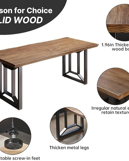 Solid Wood Computer Desk Study Office Desk 55" Writing, Modern Simple Style PC Table, Black Metal Frame, Solid Wood Planks 55" D x 27" W x 29" H for Home Office Bedroom,Rustic Brown