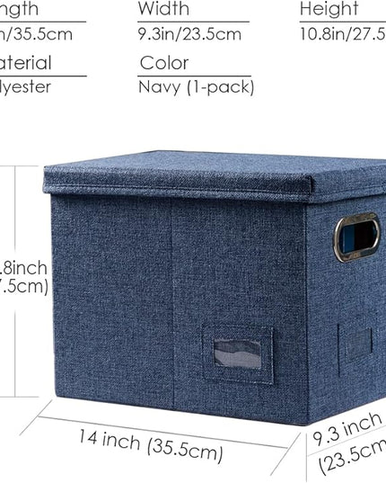 PRANDOM File Organizer Box - Set of 1 Collapsible Decorative Linen Filing Storage Hanging File Folders with Lids Office Cabinet Letter Size Navy Blue (14x9.3x10.8 inch)