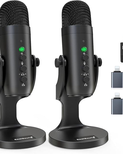 ZealSound Podcast Microphone, Podcast Equipment Bundle for iPhone PC iPad Android, Dual Wireless USB Mic 2.4GHz with Noise Reduction, Tap to Mute, Monitor Gain for Streaming, Recording, YouTube,TikTok