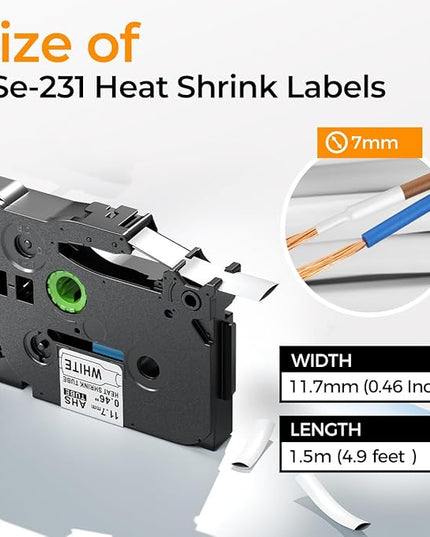 HSe-231 Heat Shrink Tube Label Compatible with Brother P Touch HSe Heat Shrink Tubing 11.7mm 0.46'' HSe231 TZe Wire Cable Labels for Brother PT-E300 E500 P900 P750WVP, 3-Pack, Black on White