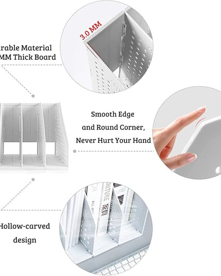 SAYEEC 2Pcs Collapsible Plastic Magazine File Holder Vertical Binder Storage Organizer for Desk Sturdy Upright Desktop Magazine Organizer Folder Rack for Office School Home (3 Compartments, Gray)