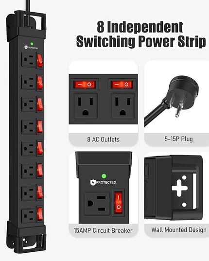 Heavy Duty Power Strip with Individual Switches,8 Outlets 14 Gauge Industrial Shop Garage Metal Multiple Outlets,1200J Surge Protector Mountable Power Strip,10FT Extension Cord Management(Black)