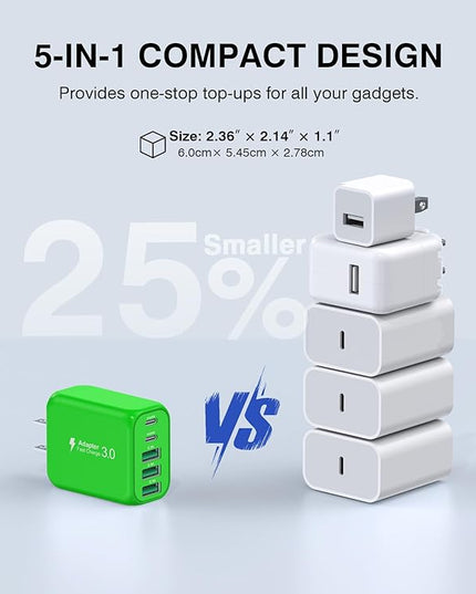 60W USB C Wall Charger Block,5-Port C Charger Fast Charging Block PD Power Adapter +QC 3.0 Multiport Type C Box Charger Cube USB A Wall Plug for iPhone 14/15/16/17 Pro Max Plus,Samsung(Green)(2-Pack)