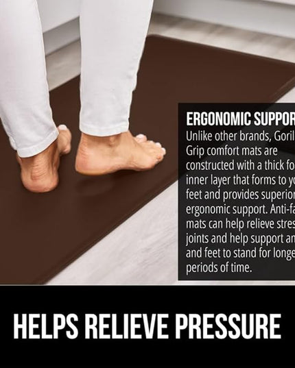 GORILLA GRIP 2 Pack Comfortable Cushioned Kitchen Mats for Floor, 17x24 + 17x48, Waterproof and Stain Resistant, 1/2 Inch Thick Soft Ergonomic Standing Desk Anti Fatigue Mat, Foam Supports Feet, Brown