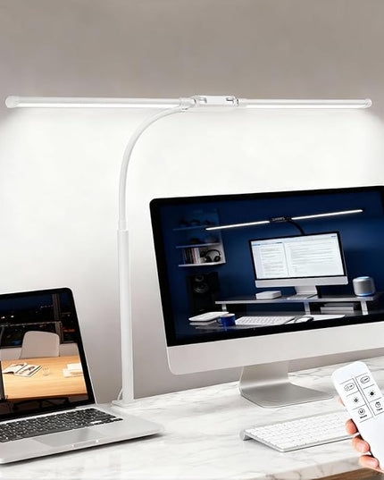 LED Desk Lamp with Clamp, Double Head Adjustable Architect Light, Eye-Caring Monitor Desk Lamp for Home Office, Flexible Gooseneck Task Lamp with 10 Brightness Levels & 5 Color Temperature Modes White