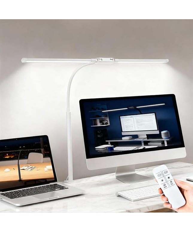 LED Desk Lamp with Clamp, Double Head Adjustable Architect Light, Eye-Caring Monitor Desk Lamp for Home Office, Flexible Gooseneck Task Lamp with 10 Brightness Levels & 5 Color Temperature Modes White