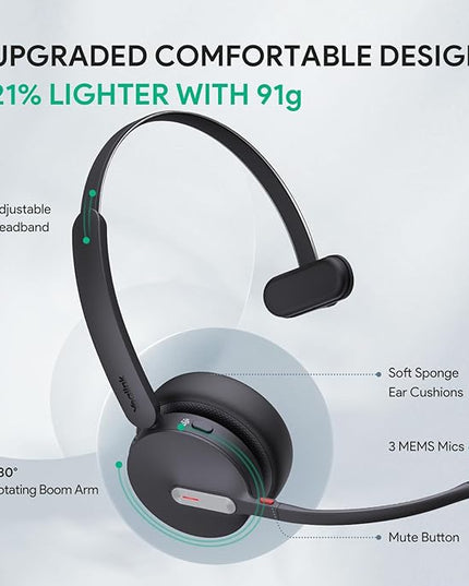 Yealink BH70 Mono UC Wireless Bluetooth Headset with Microphone for Work, up to 35h Talking Battery Life, 3-Mic Noise Cancellation, 91g Lightweight Work Headsets for Open Office, USB-C to A
