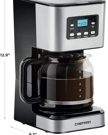 Chefman 12-Cup Programmable Coffee Maker, Electric Brewer, Auto Shut Off, Digital Display w/Auto-Brew Function, Anti-Drip Pot, Reusable Filter for Fresh Grounds, Square Stainless Steel, Glass Carafe