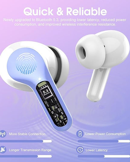 Wireless Earbuds, Bluetooth 5.4 Headphones HiFi Stereo, Bluetooth Earbuds with ENC Noise Cancelling Mic, IP7 Waterproof in Ear Earphones, 48H, LED Display Ear buds for Pad Workout Sports, White Purple