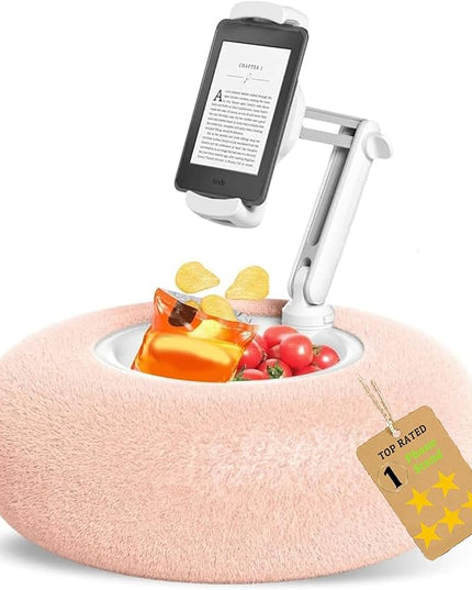 Fuzzy Pillow Phone Holder with Snack Bowl, Adjustable 360° Rotating Magnetic Stand for Phone/Tablet/Kindle iPad, Soft Plush Fabric, Detachable Snack Bowl for Reading for Bed (Upgraded Pink)