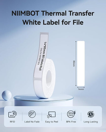 NIIMBOT B18/N1 Thermal Transfer Labels 0.55" x 3.35" (14x85mm), Only for B18/N1 Label Maker, PET Material, Waterproof and High-Temperature Resistance, Long Storage Time,White