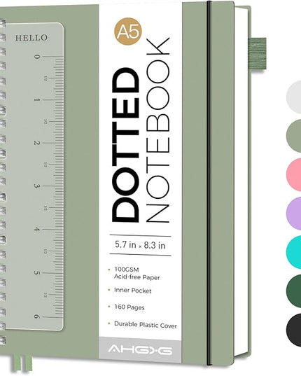 AHGXG Bullet Dotted Journal - Dot Grid Spiral Notebook A5, 160 Pages, 100 GSM Thick Paper, Waterproof Plastic Cover Journals for Bullet Journaling, Sketching, 5.7" x 8.3", Sage Green