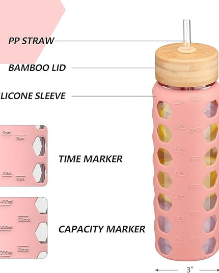 MUKOKO Glass Water Bottles, 24oz Glass Tumbler with Straw, Drinking Bottles with 2 Lids-Handle Spout Lid&Bamboo Straw Lid, Motivational Water Bottle with Time Marker and Silicone Sleeve, 1 Pack-Pink