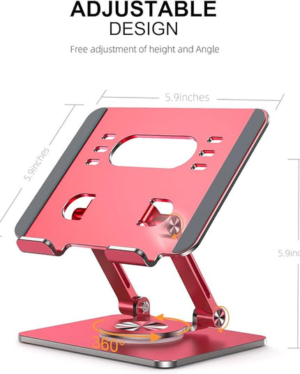 Tablet Stand Holder with Thickened 360°Rotating Base Dual Rod Adjustable Aluminum Stand for All 5.8-12.9” iPad Samsung Phone Tablet Kindle E-Reader and More, Red