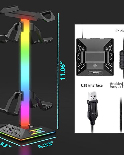 ZNikoyidy Gaming Headphone Stand PC Accessories - RGB Headset Stand with 2 USB Ports,10 Light Modes Headset Holder Suitable for All Earphone Accessories, Gift for Boys Men Gamers