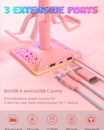 VCOM RGB Gaming Headphones Stand with 2 USB Ports, Pink Headset Stand with 10 Light Modes and Non-Slip Rubber, Suitable for PC Desk Accessories Gamers Gift(Pink)