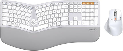 ProtoArc Ergonomic Wireless Keyboard Mouse, EKM01 Plus Full Size Ergo Bluetooth Keyboard Mouse Combo, Split Design, Wrist Rest, Multi-Device, Rechargeable, for Windows/Mac OS - White and Silver