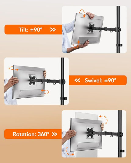 Single Monitor Desk Mount, Fully Adjustable Stand for 13-27″ Monitors, Holds Up to 22 lbs, Height, Swivel, Tilt Adjustments, C Clamp/Grommet Mount Options, Built-in Cable Management