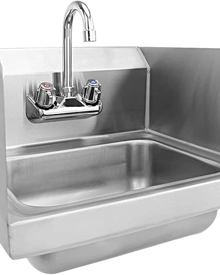Express KitchQuip 15" x 17" Stainless Steel Wall Mount Hand Sink with Gooseneck Faucet & Side Splash – NSF Certified Commercial Handwashing Basin