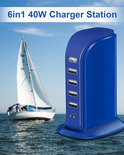 USB Charging Station Upoy, 6 Ports Charging Blocks, USB Power Hub with C Port, Charging Dock for Electronics Organizer, Multi Charger 40W, Compatible with Kindle, iPhone, Ipad, Airpods, Tech Gadgets