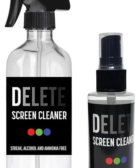 Delete Screen Cleaner Spray Kit, 2 Pack, 16oz and 2oz Bottle and 12"x12" Microfiber Cleaning Cloth, Streak-Free, Safe and Gentle Formula, Multi-Purpose for TVs, Computers, Monitors, Smart Phones