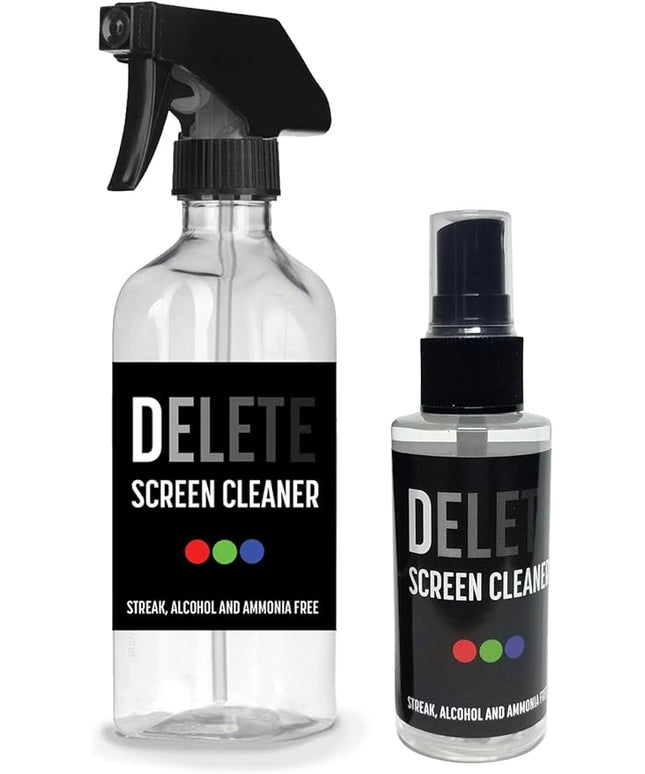 Delete Screen Cleaner Spray Kit, 2 Pack, 16oz and 2oz Bottle and 12"x12" Microfiber Cleaning Cloth, Streak-Free, Safe and Gentle Formula, Multi-Purpose for TVs, Computers, Monitors, Smart Phones