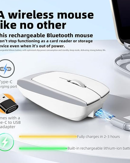 Mini Portable 2-in-1 Wireless Bluetooth Mouse & TF Card Reader - 8GB TF Card Included, Rechargeable, Type-C to USB Adapter, Ultra-Compact (78×38×22mm), Ideal for On-The-Go Work, Silver