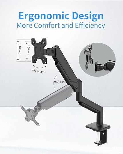 Single Monitor Stand for 13 to 32 inch Screens, Gas Spring Monitor Arm with Swivel, Tilt, Rotation, Height Adjustable, Desk Mount with C-Clamp and Grommet Base, Holds 4.4 to 19.8lbs Screen, Black