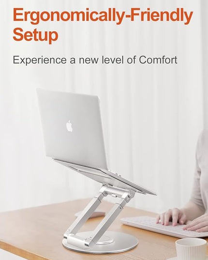 tounee Telescopic Laptop Stand for Desk with 360° Swivel Base, Sit to Stand, Height Adjustable, Portable Riser Holder for Good Posture, Compatible with All Laptops 10-17"-Silver